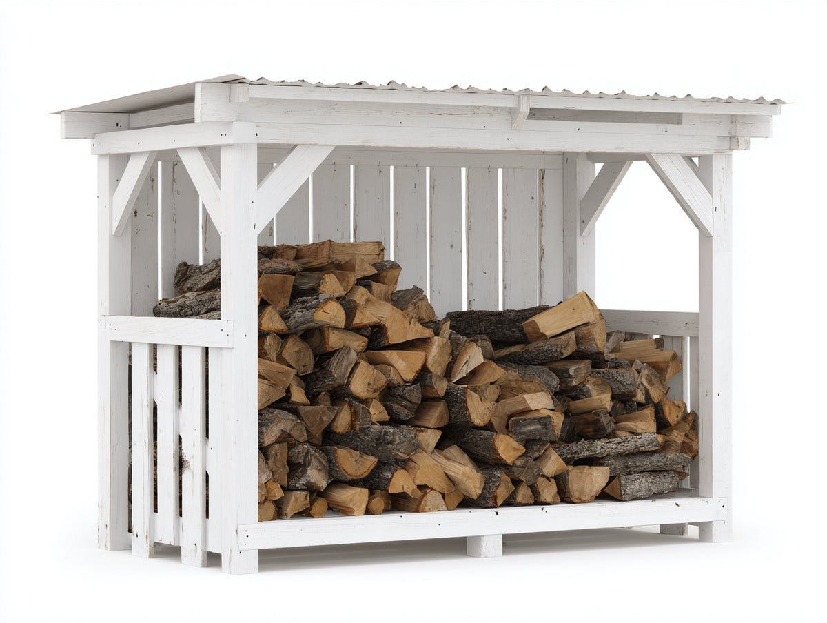 Leñero de exterior madera 180x60x165 cm blanco para jardín - diseño con cubierta protectora