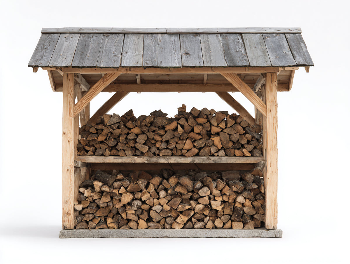 Leñero de exterior de madera 180x60x165 cm - natural-gris - diseño rústico con tejado