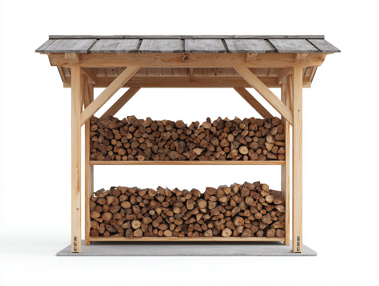Leñero de exterior de madera 220x60x210 cm - natural-gris - diseño rústico con techo