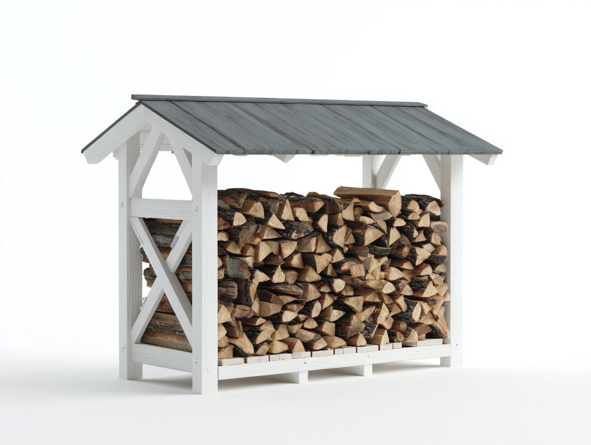 Leñero de exterior de madera 180x70x190 cm - blanco-gris - diseño clásico con techo inclinado