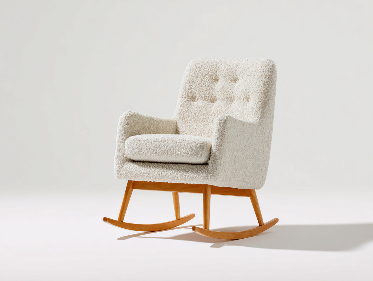 Mecedoras de tela borreguillo y madera 72x85x100 cm - beige-natural - diseño clásico con respaldo capitoné
