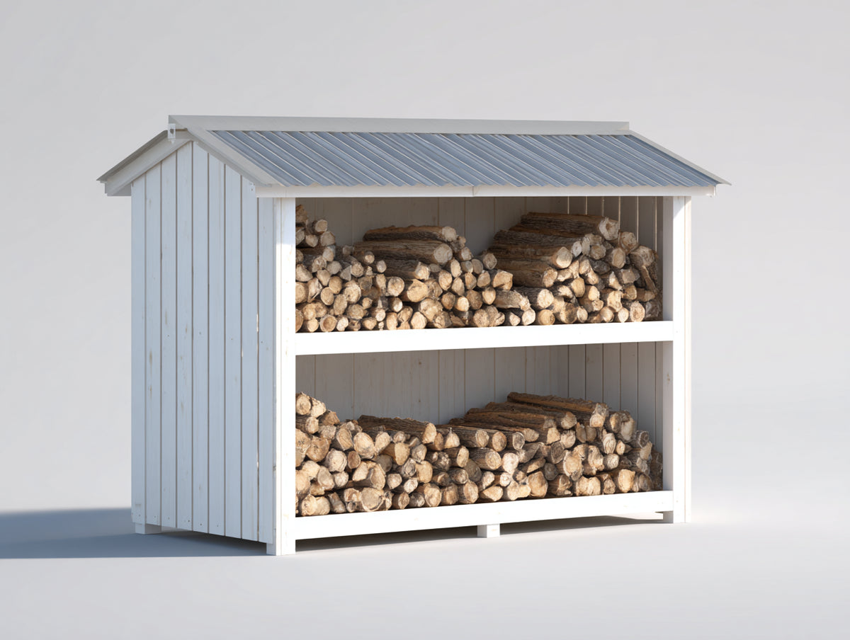 Leñero de exterior de madera 185x68x168 cm - blanco-gris - diseño rústico para jardín