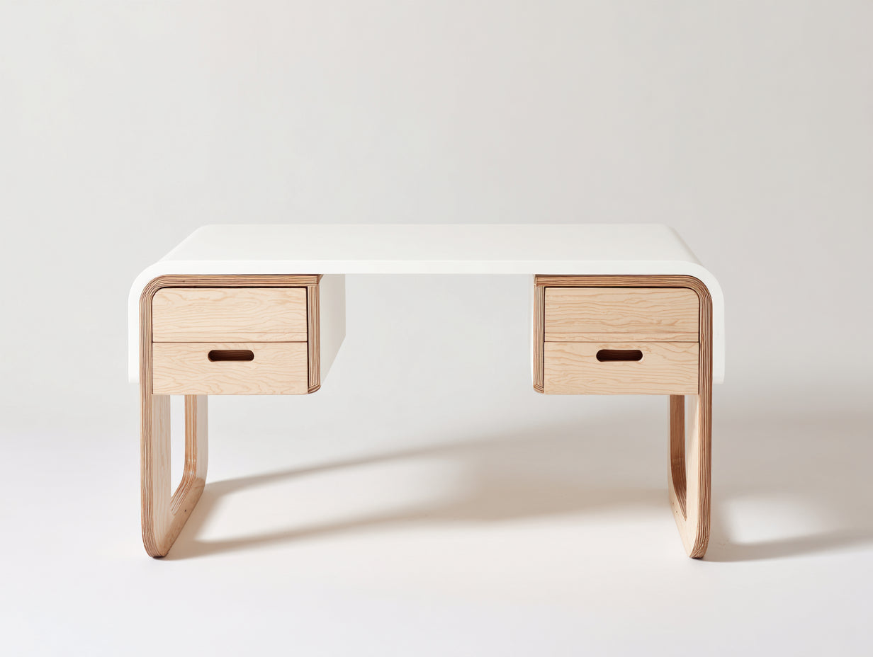 Mesas de oficina 140x65x76 cm - tablero blanco y madera clara - diseño nórdico con 2 cajones