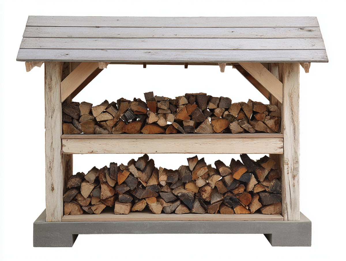Leñero de exterior de madera 180x60x150 cm - blanco-natural-gris - diseño rústico con tejado