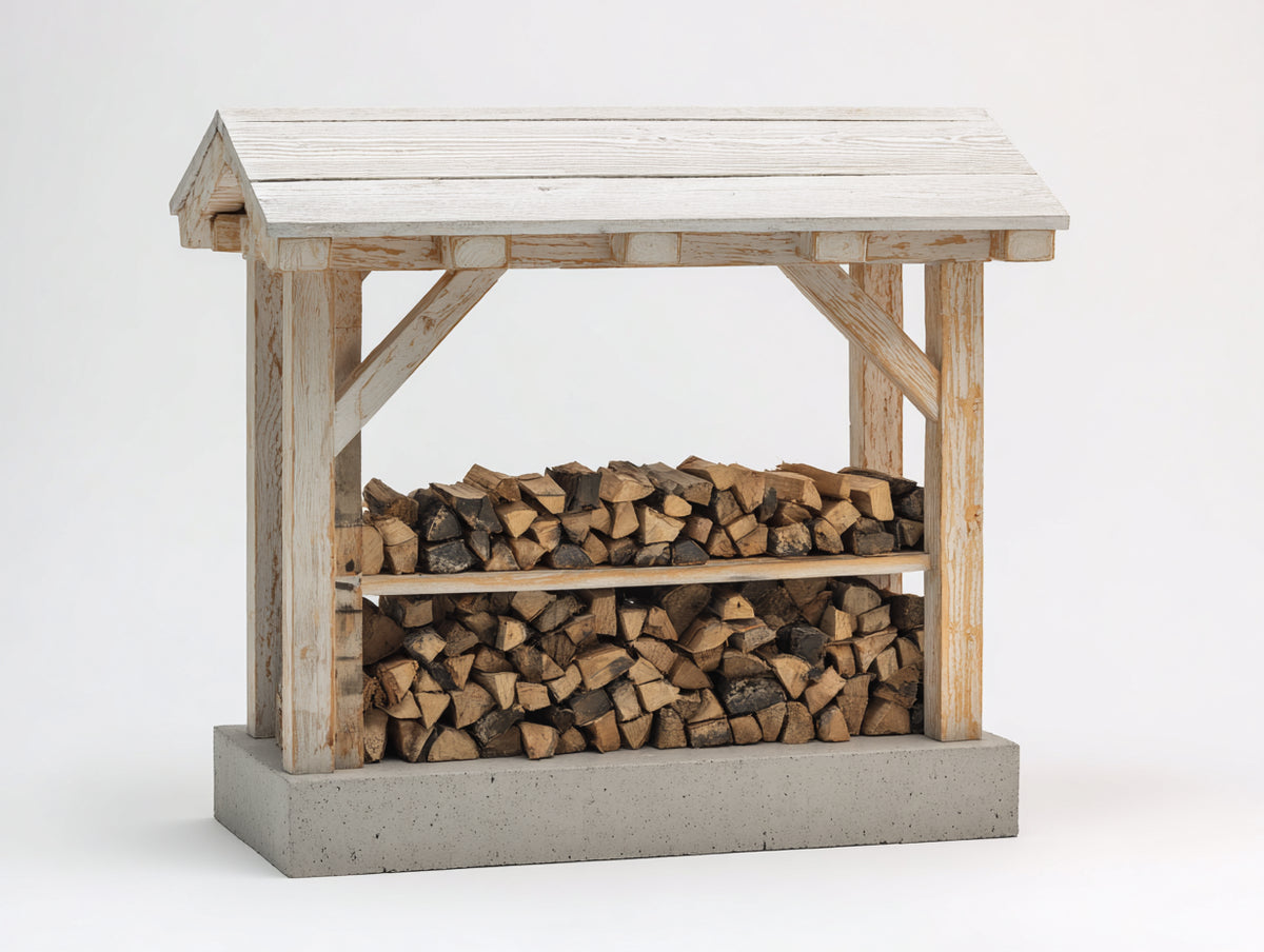 Leñero de exterior madera y base de cemento 160x50x140 cm - blanco-natural-gris - diseño con techo