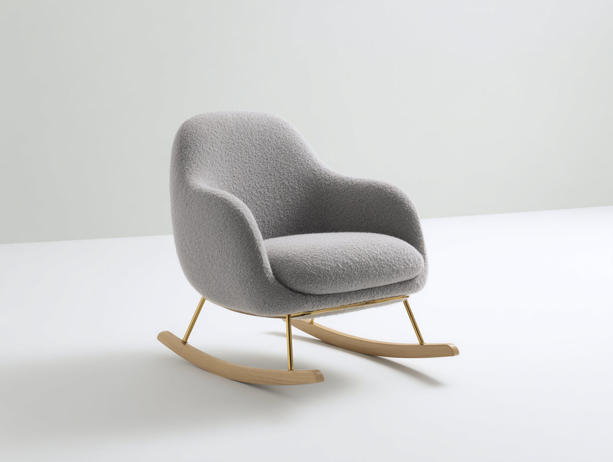 Mecedoras tapizadas de borreguito 82x70x88 cm - gris claro y madera natural - estilo contemporáneo